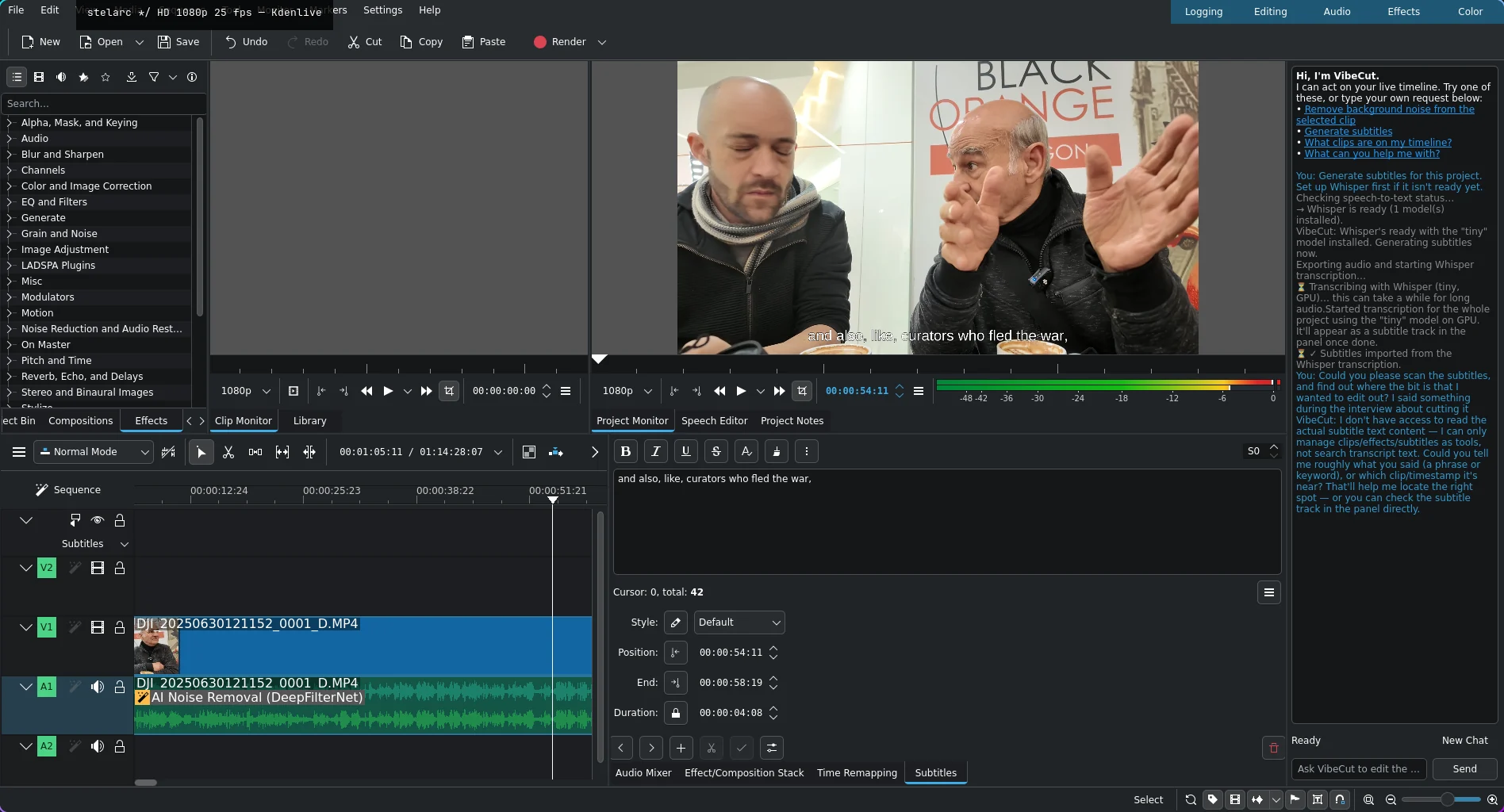 vibecut running in Kdenlive: an interview with Stelarc on the timeline, AI noise removal applied to the audio track, Whisper subtitles generated, and the VibeCut chat panel on the right showing the requests that produced them.